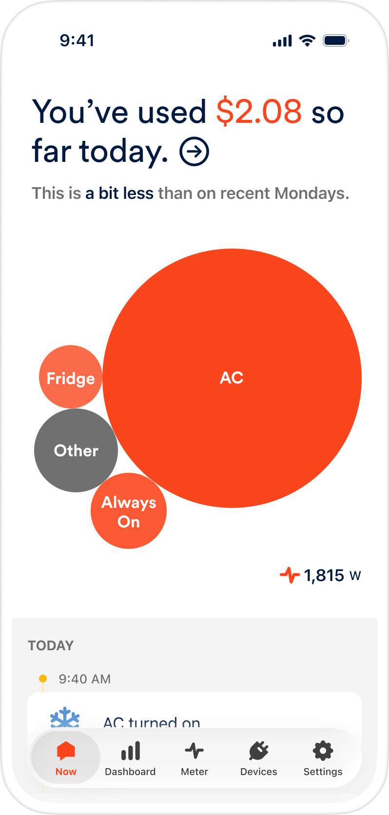 Screenshot: The Sense 'Now' screen, showing things in your home that are currently on.